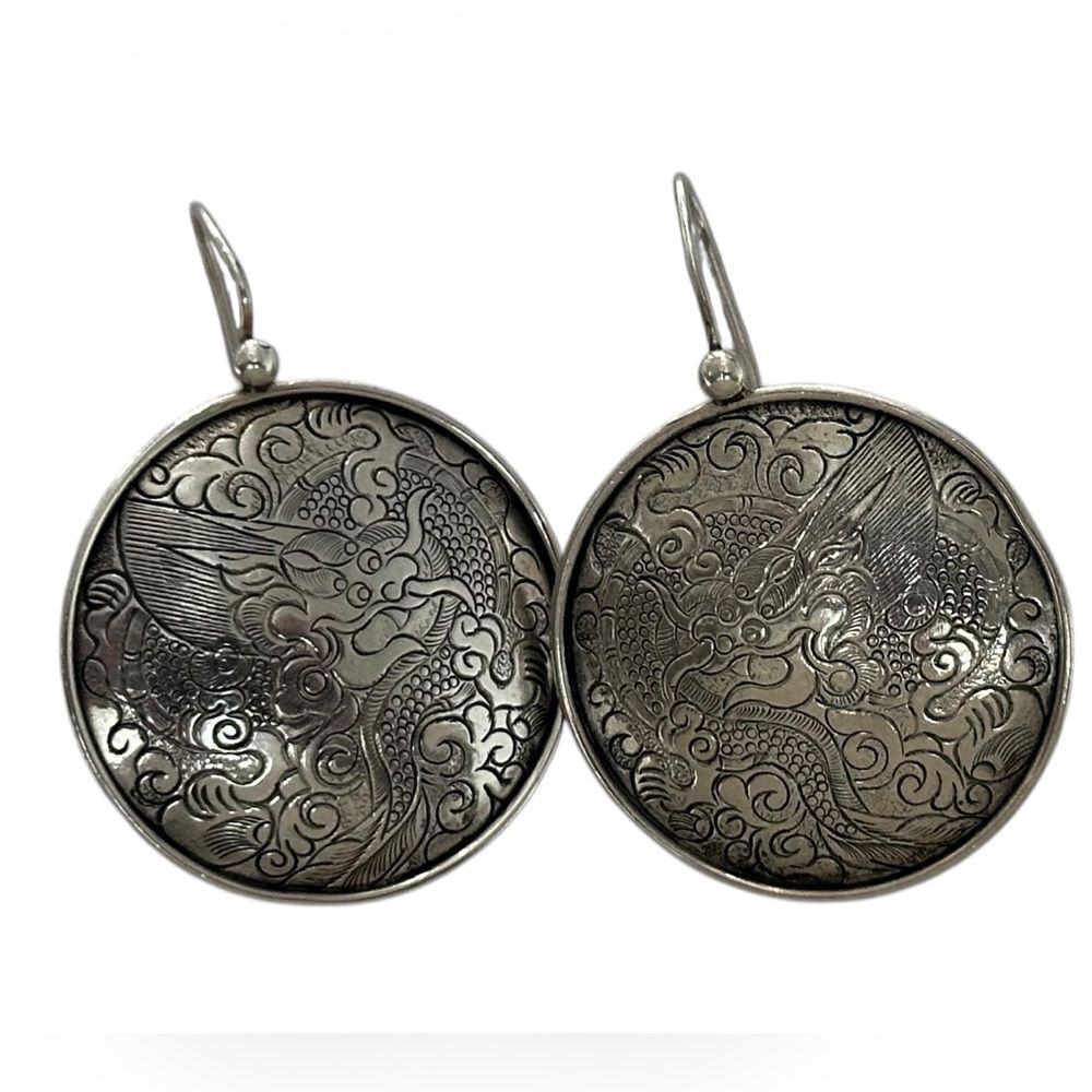 Silver-Tone Engraved Dragon Disc Drop Earrings - Picture 9 of 10